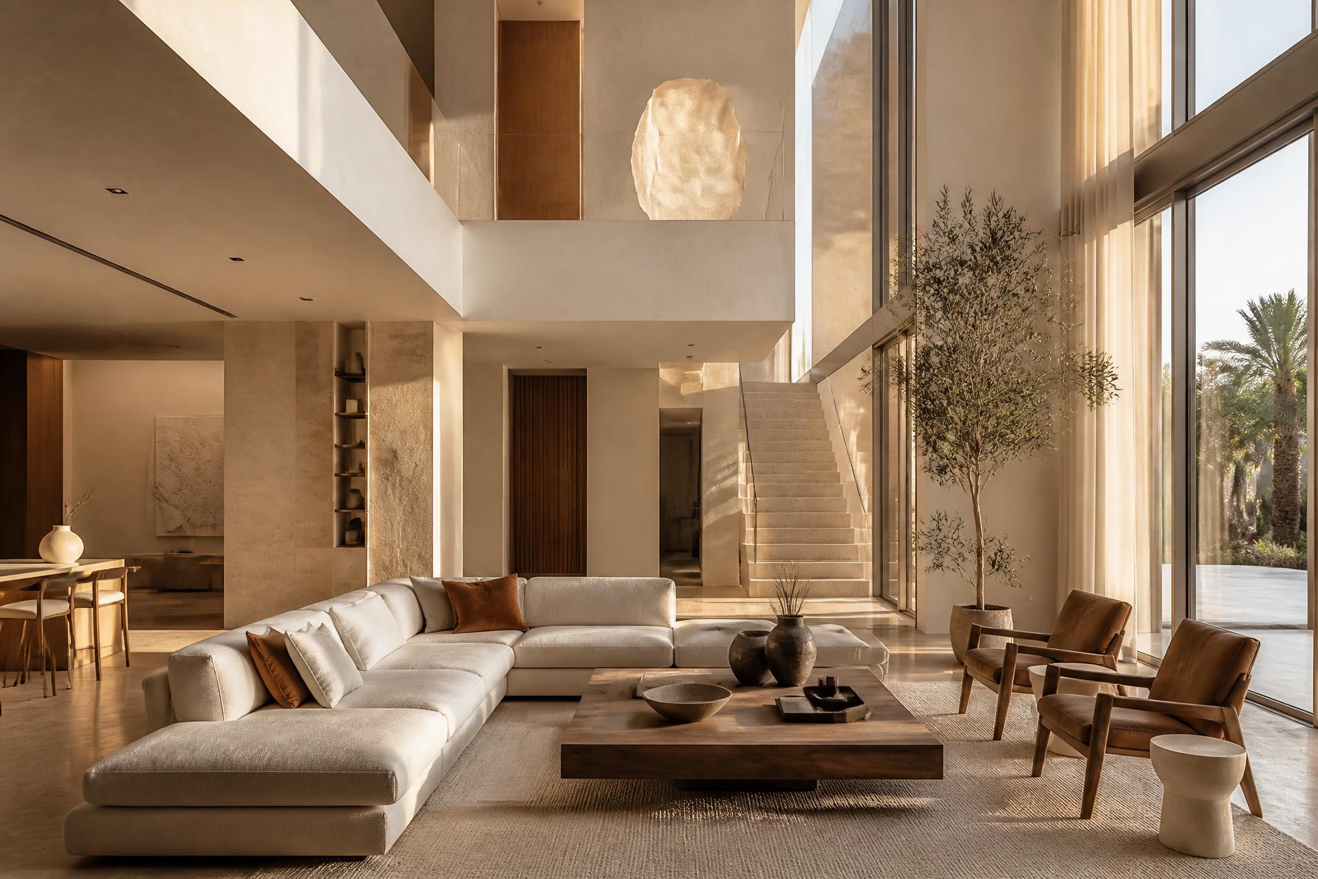 Warm minimal double-height living space designed by Value Development