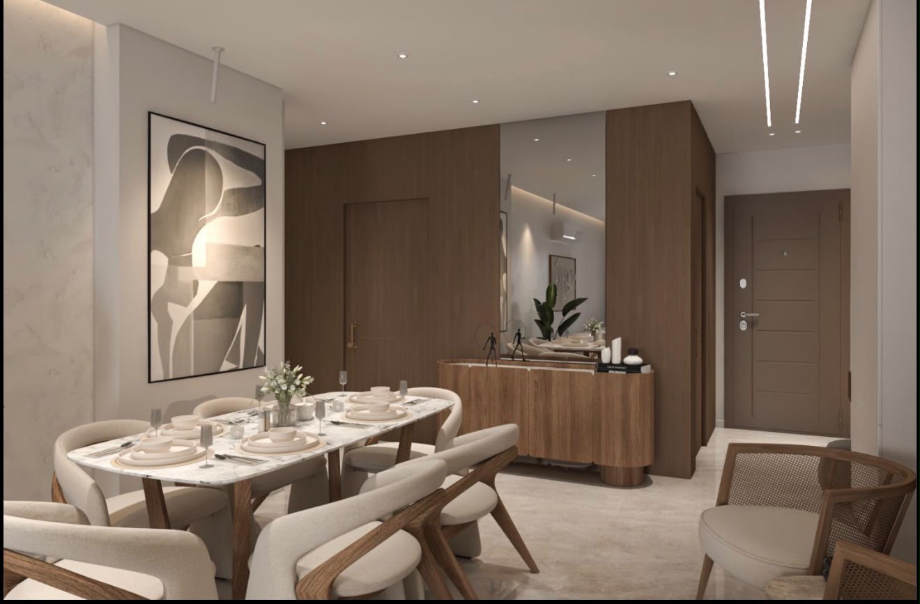 Dining area with walnut panelling