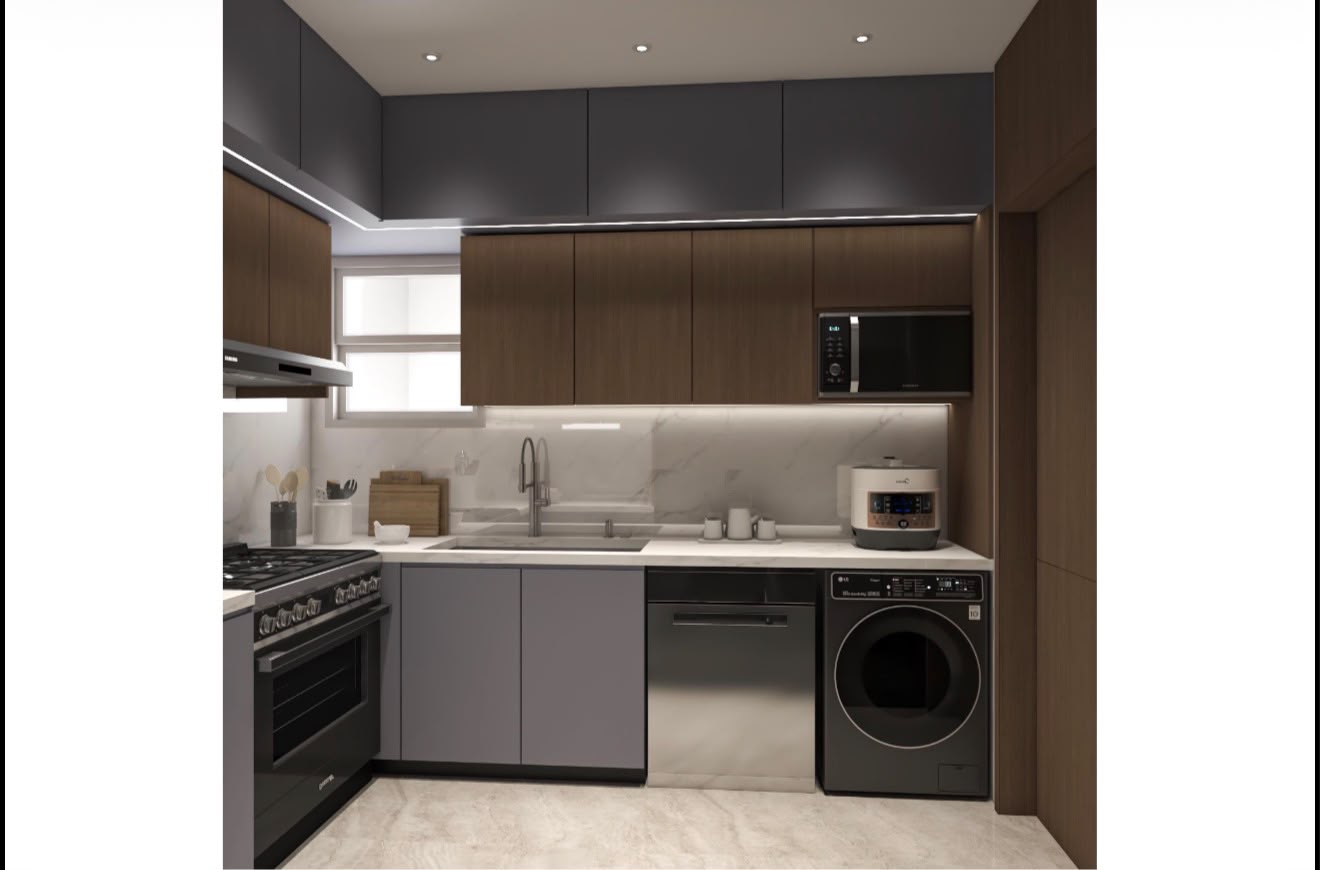 Contemporary kitchen in walnut and grey