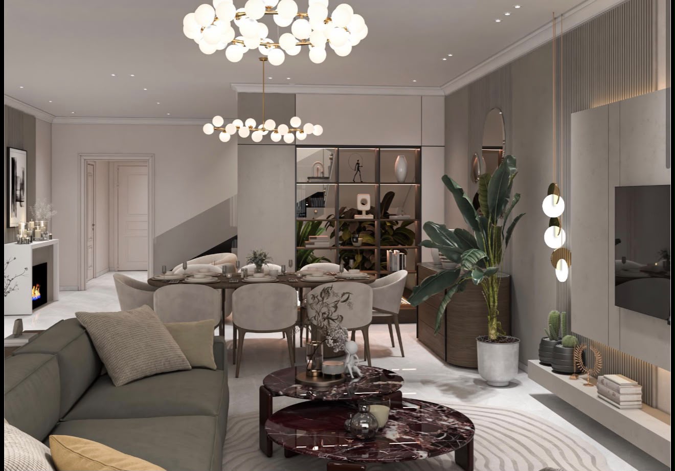 High-angle living and dining view