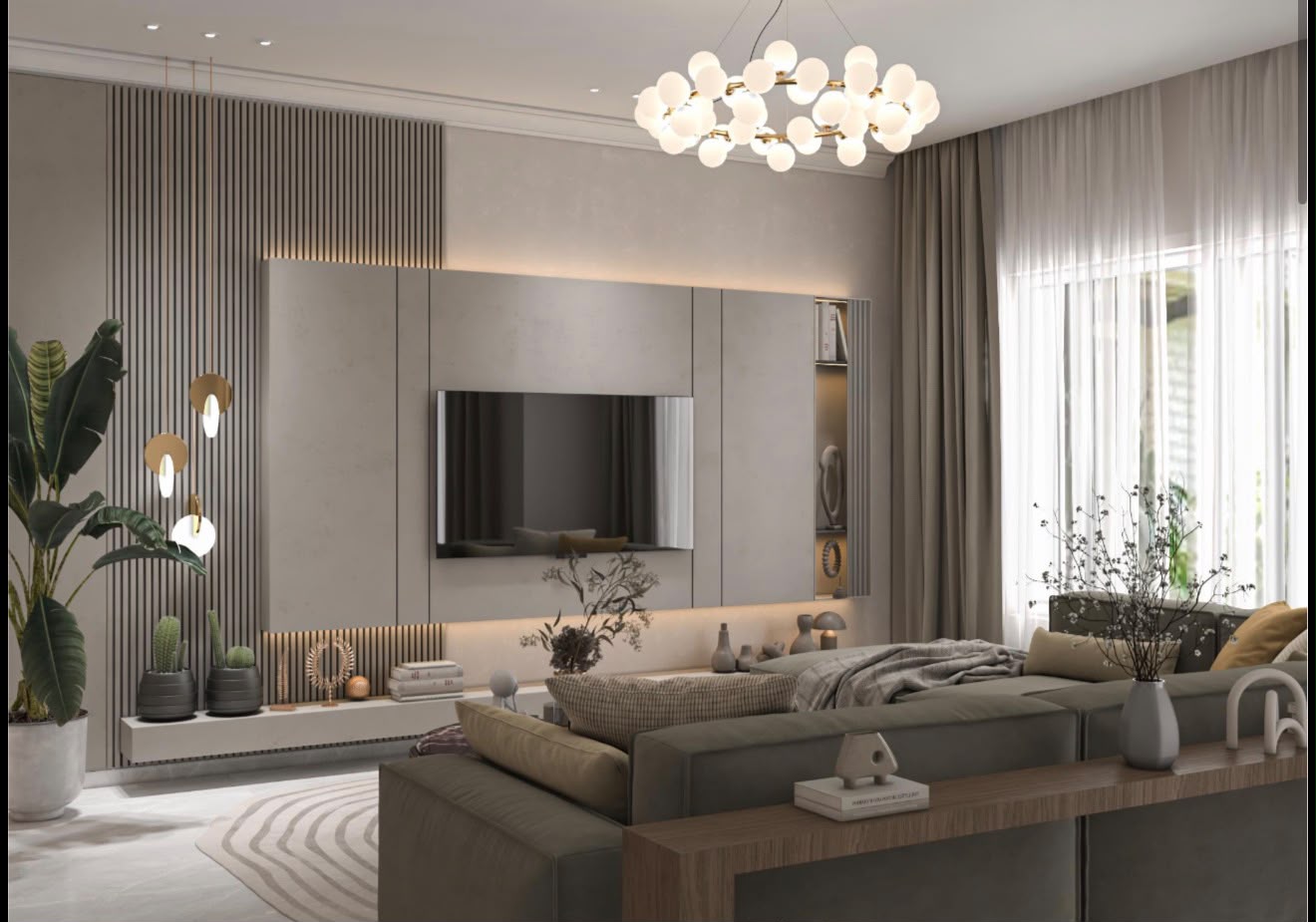 Living room with fluted wall panelling