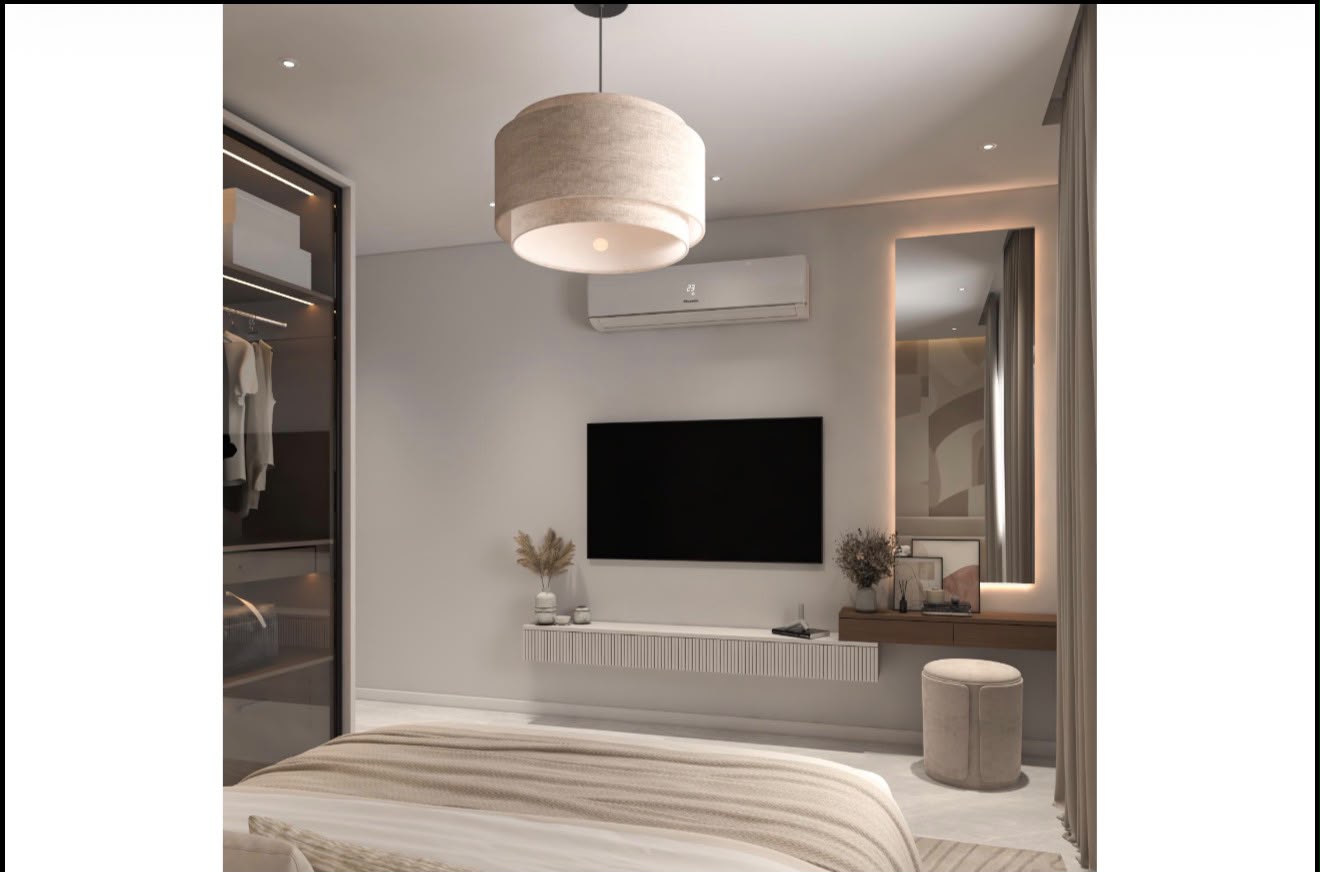 Bedroom with wall-mounted TV unit