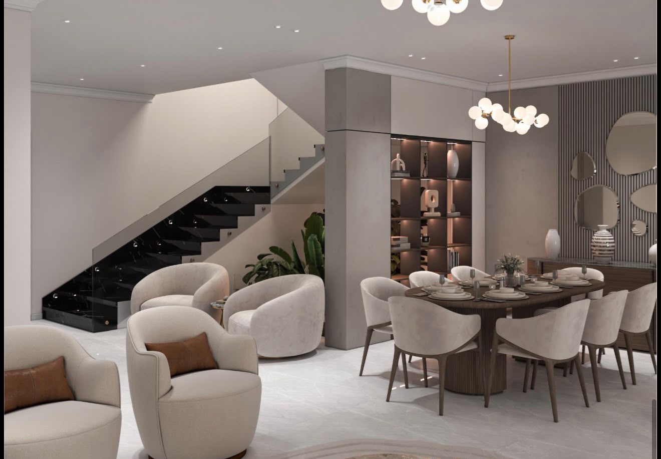 Duplex villa reception with sculptural stair and dining area