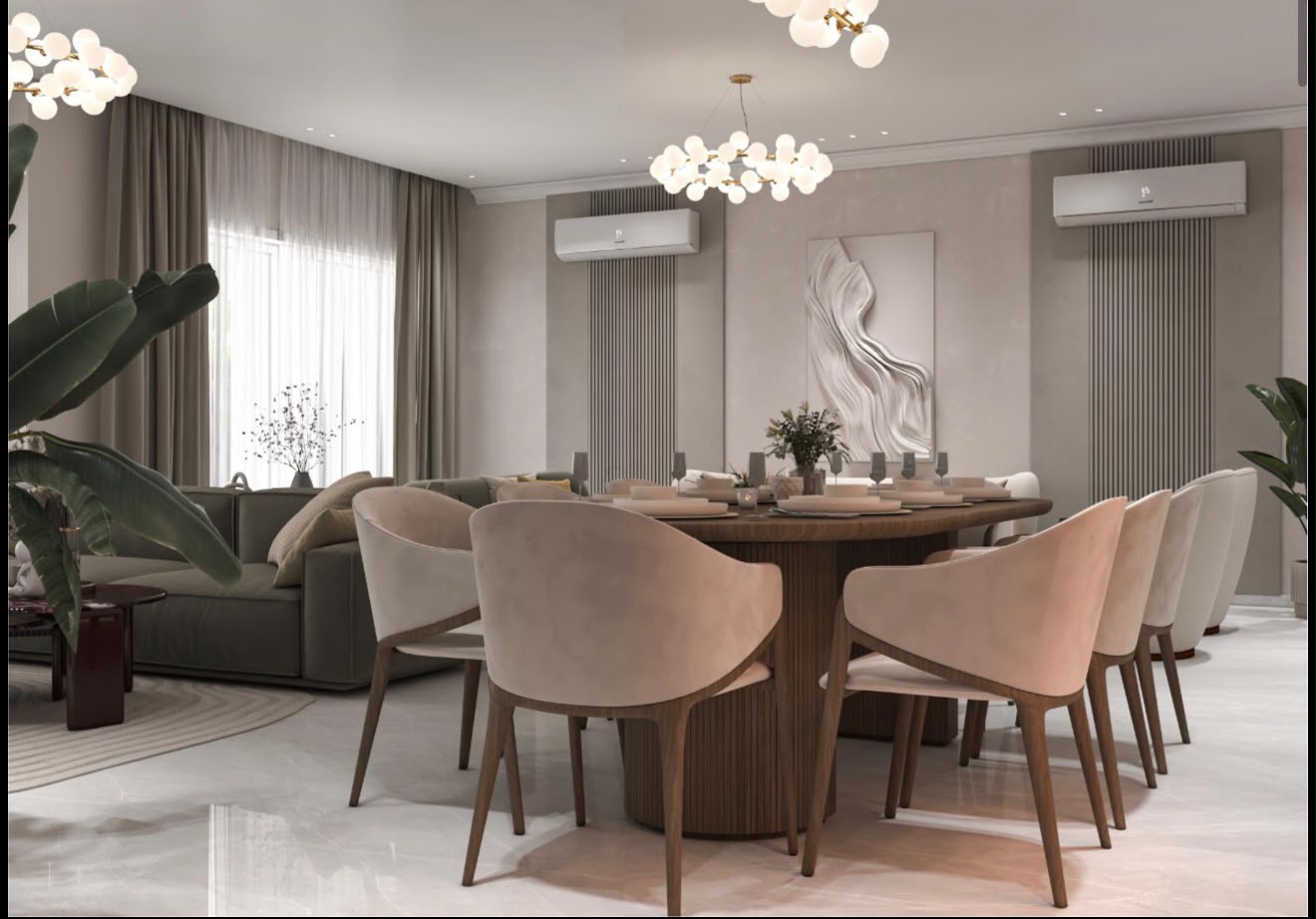 Dining table with designer chandeliers