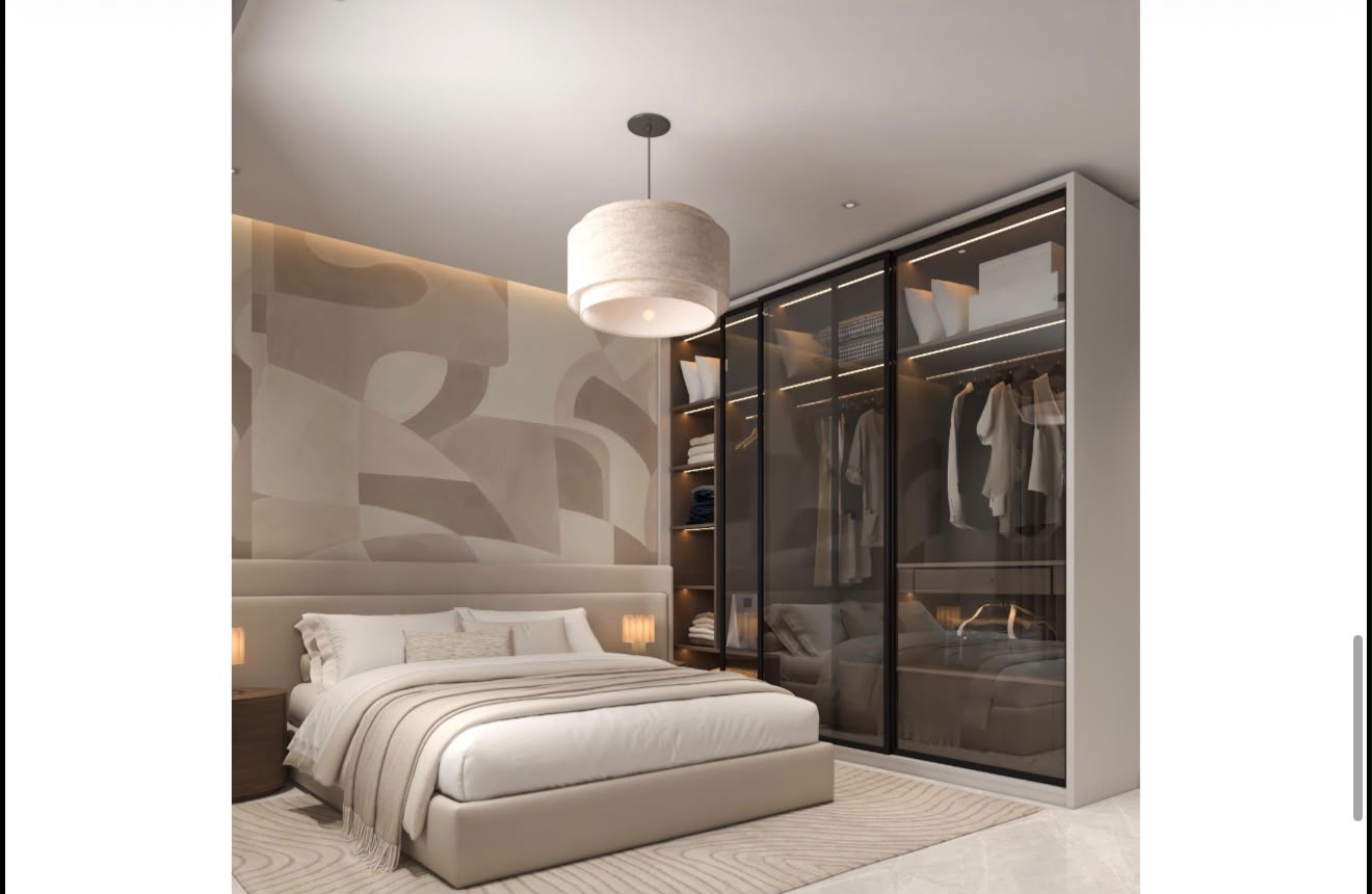 Master bedroom with glass wardrobe