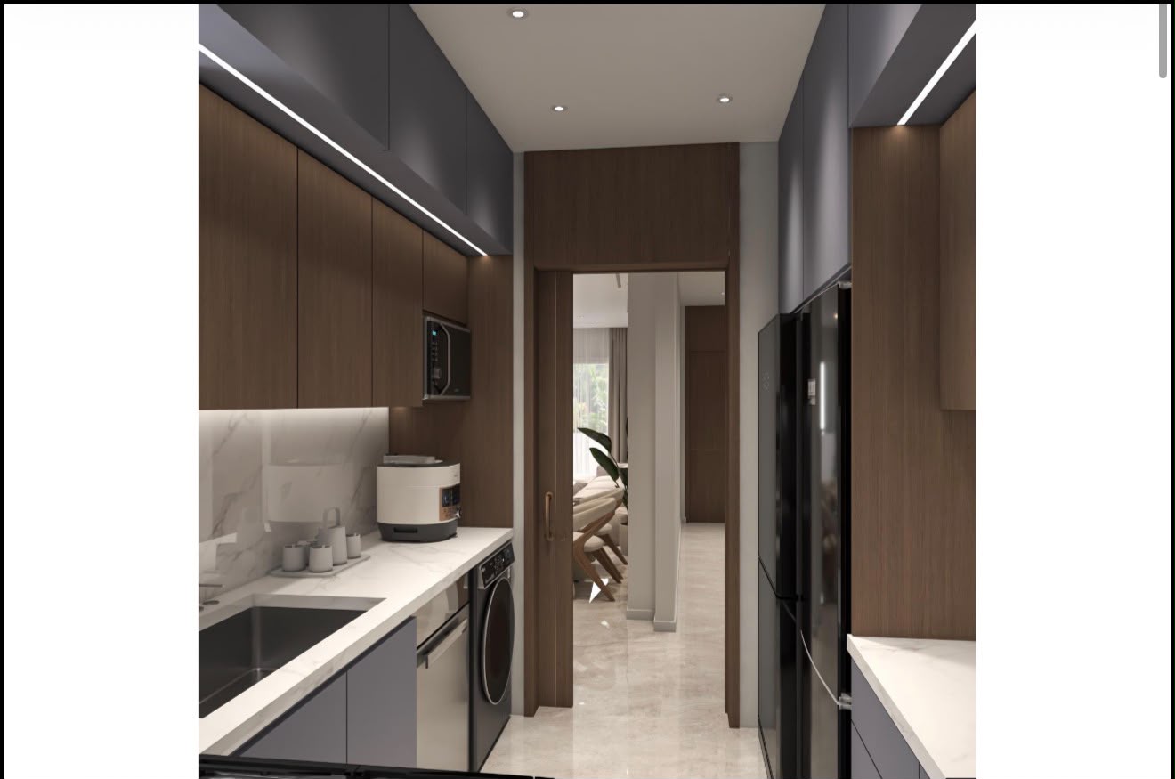 Walnut kitchen with marble surfaces and integrated lighting